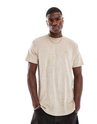 Jack & Jones Jack & Jones Originals palm print towelling t-shirt in beige-Neutral