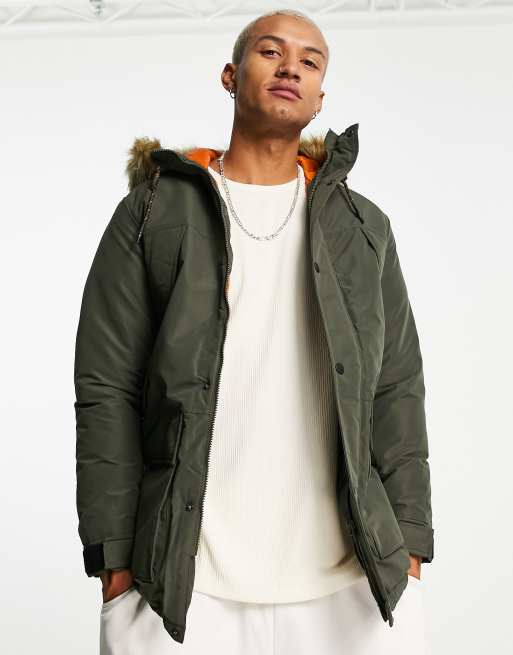 Jack & Jones Originals parka coat with faux fur lined hood in khaki | ASOS