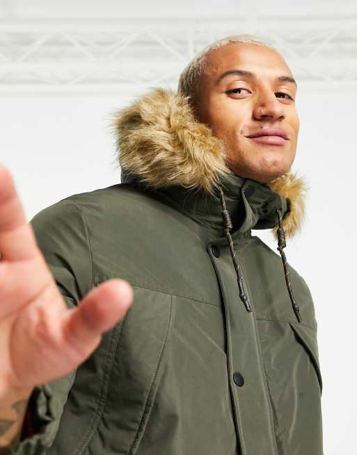 Jack Jones Originals parka coat with faux fur lined hood in khaki ASOS