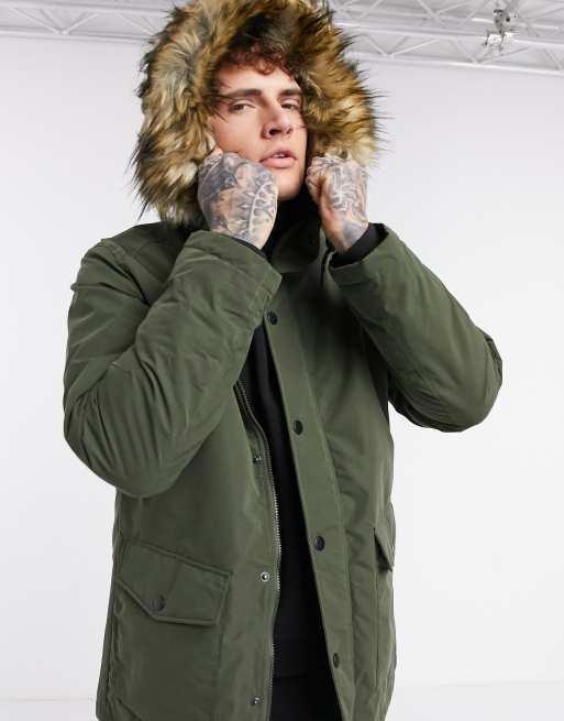 Jack u0026 Jones Originals parka with faux fur hood in khaki | ASOS