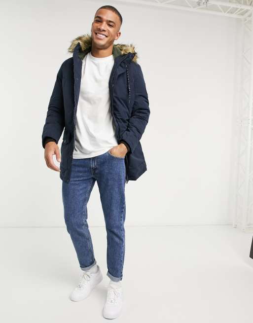 Jack & jones originals parka with sales removable faux fur hood in navy