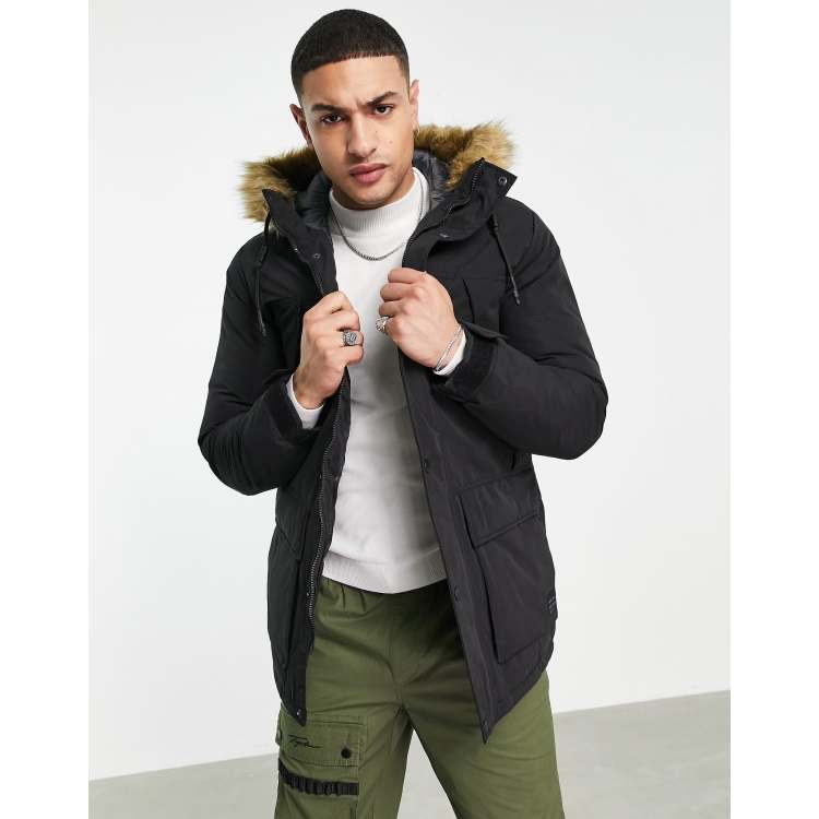 Jack & Jones Originals parka with faux fur lined hood in black | ASOS