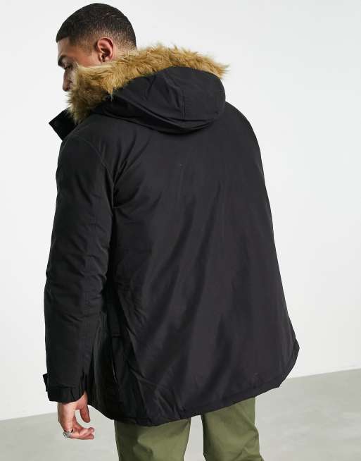 Jack & Jones Originals parka with faux fur lined hood in black | ASOS