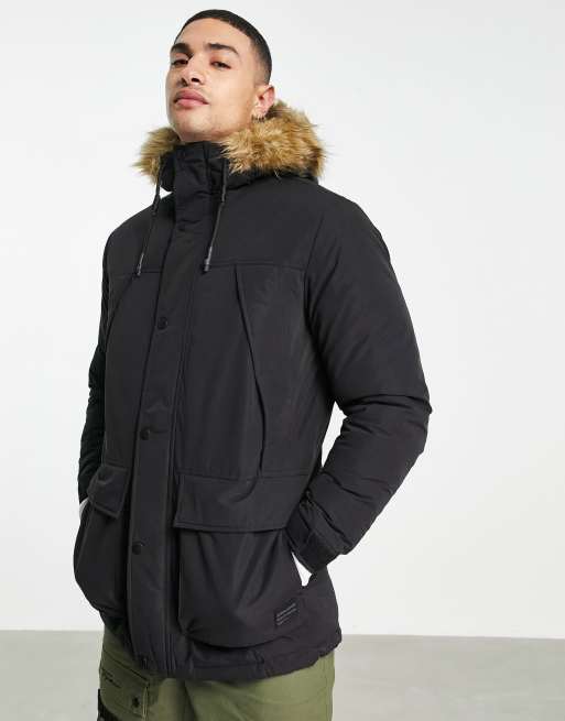 Jack & Jones Originals parka with faux fur lined hood in black | ASOS