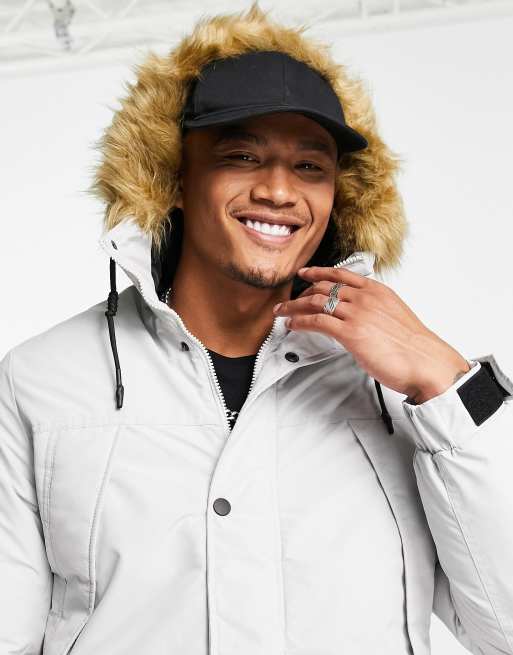 Jack Jones Originals parka with faux fur lined hood in light grey