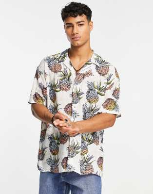 Jack & Jones Originals pineapple print revere collar short sleeve shirt in cream