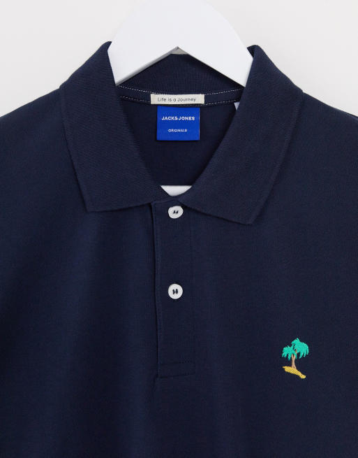 MDC  Palm Trees print polo shirt baby blue/navy