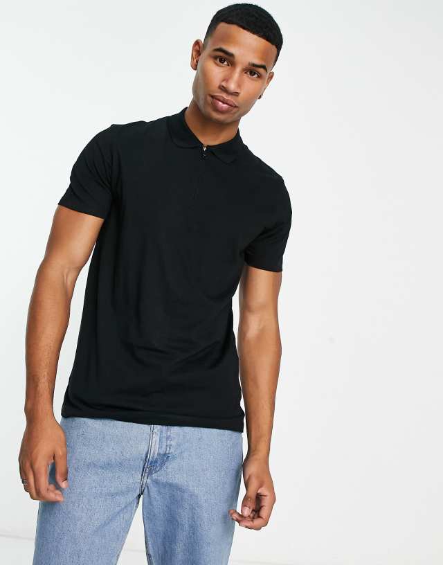 Jack & Jones Originals polo with zip detail in black