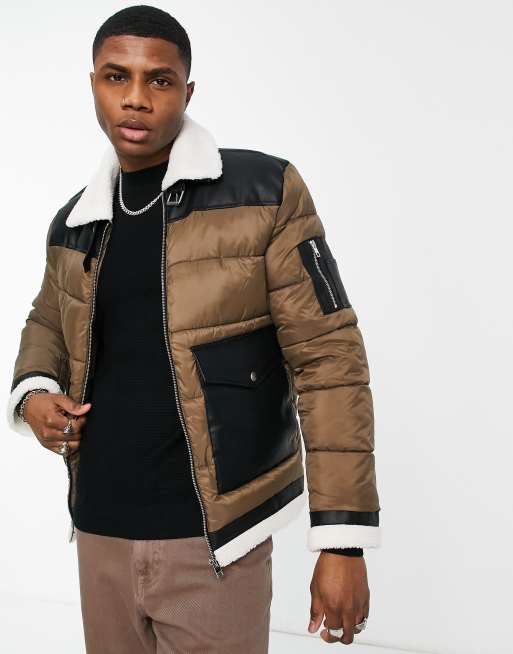 Jack & Jones Originals puffer jacket with aviator collar in brown | ASOS