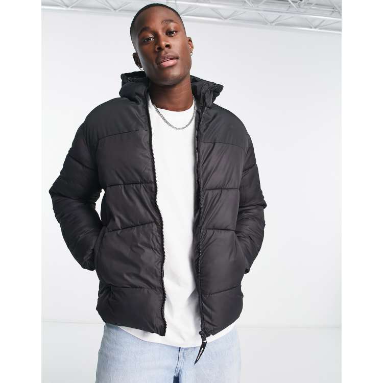 Black puffer discount jacket with hoodie