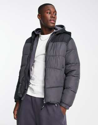 Jack & Jones Originals puffer jacket with hood in dark grey colourblock