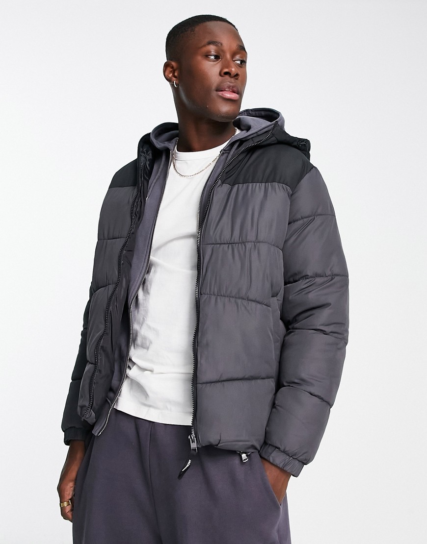 Jack & Jones Originals puffer jacket with hood in dark grey colourblock