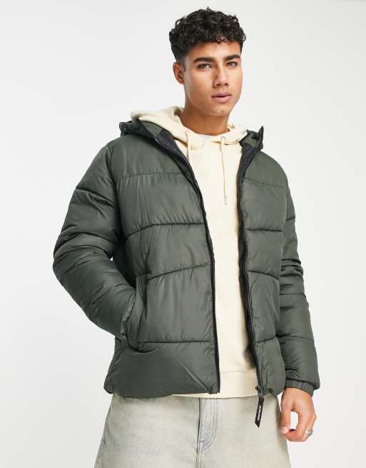 Jack & Jones Originals puffer jacket with hood in khaki | ASOS