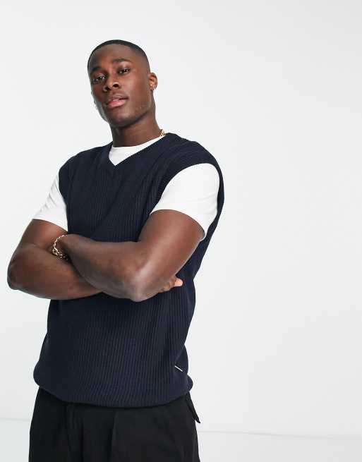 Jack & Jones - Originals - Pull sans manches à col en V en maille côtelée - Bleu marine