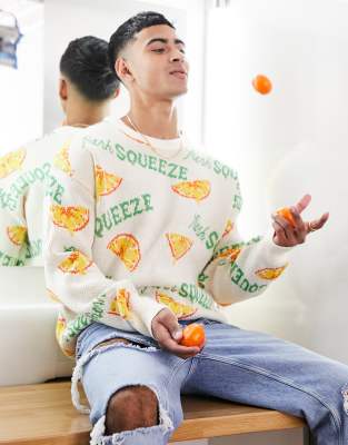 Jack & Jones - Originals - Pull tissé en jacquard à imprimé oranges - Blanc