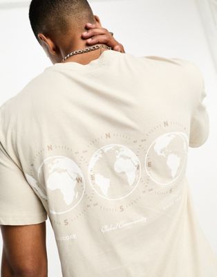 Jack & Jones Originals relaxed t-shirt with globe back print in beige - ASOS Price Checker