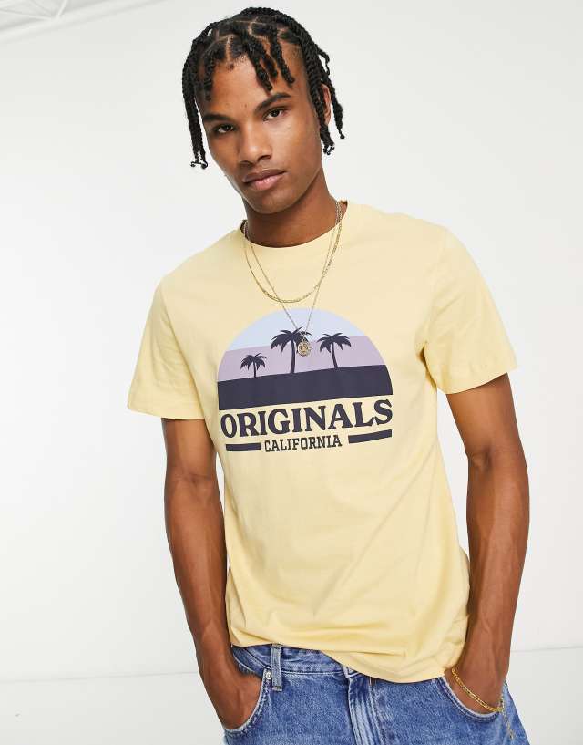 Jack & Jones Originals retro front print T-shirt in yellow