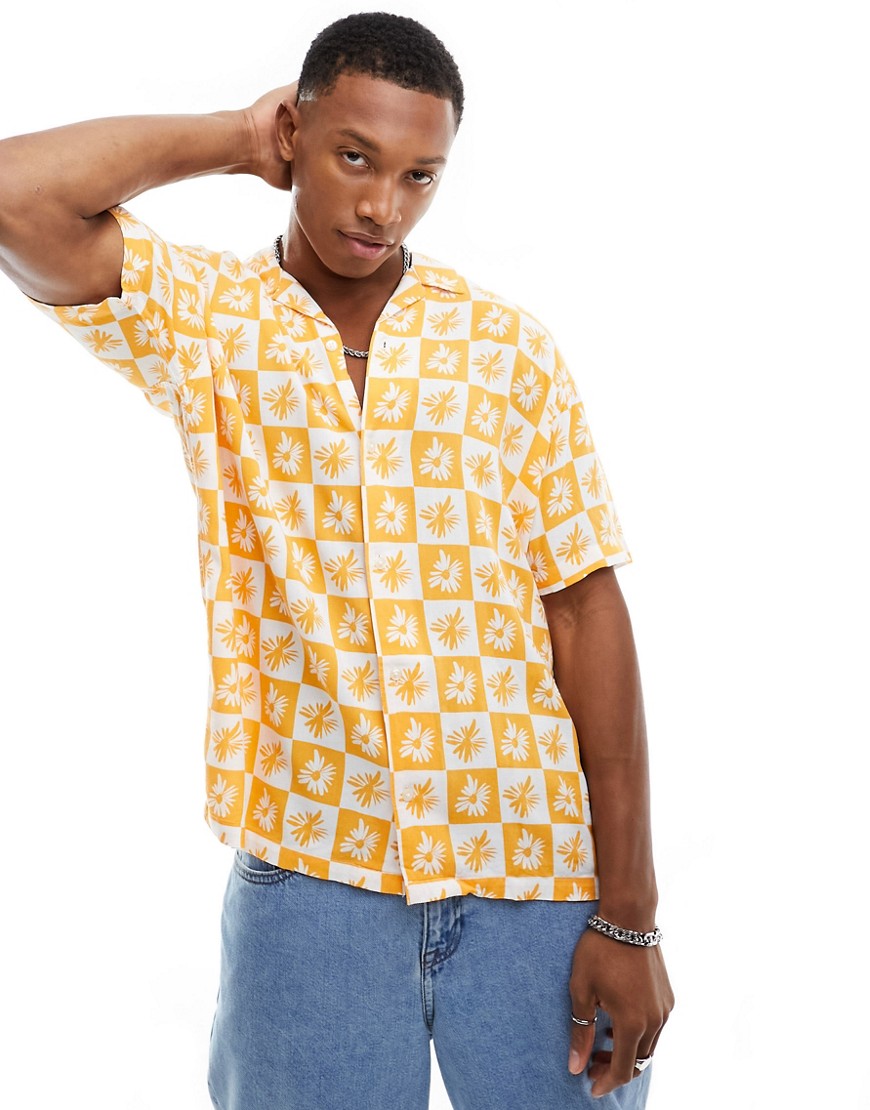 Jack & Jones Originals revere collar shirt with tile print in orange