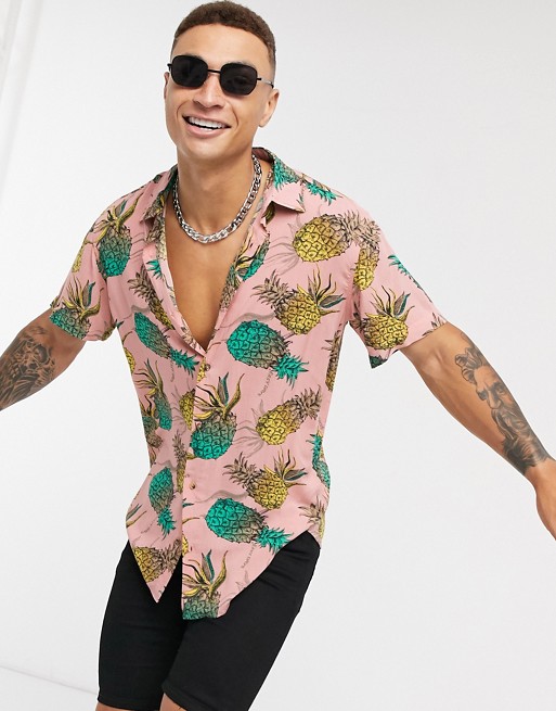 Jack & Jones Originals revere collar short sleeve shirt in pink pineapple print