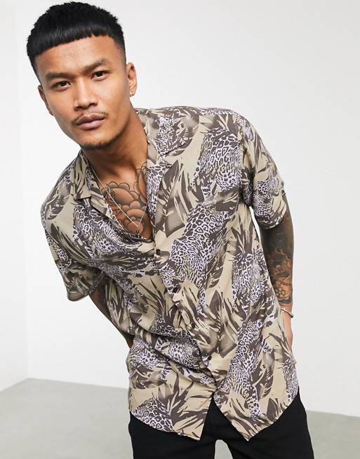 Jack & Jones Originals revere collar short sleeve shirt with palm tree leopard print
