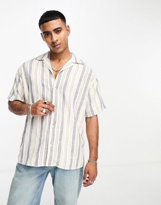 Jack & Jones Originals revere collar textured stripe shirt in navy
