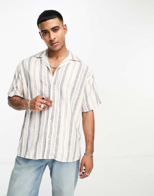 Jack & Jones Originals revere collar textured stripe shirt in navy | ASOS