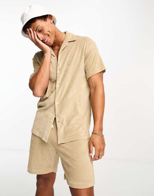 Jack & Jones Originals revere collar towelling shirt in beige (part of a set)