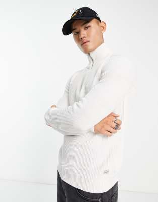 Jack & Jones Jack & Jones Originals ribbed half zip jumper in ecru-White
