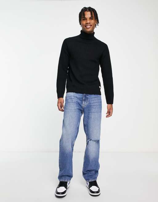 Jack & Jones Originals ribbed roll neck jumper in black , 3 of 4