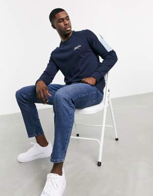 Jack & Jones Originals script logo stripe sleeve sweat in navy