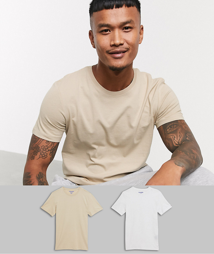 Jack & Jones Originals - Set van 2 T-shirts met ronde zoom in wit/beige-Multi