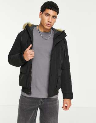 Jack & Jones Originals Short Parka Jacket With Faux Fur Hood In Black