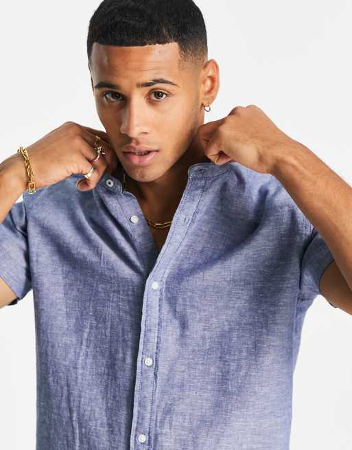 Jack & Jones Originals short sleeve linen shirt with grandad collar in blue 