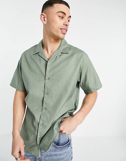Jack & Jones Originals short sleeve revere collar shirt in khaki