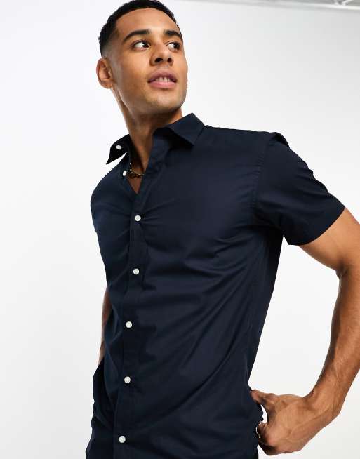 Jack & Jones Originals short sleeve smart shirt in navy, 2 of 4