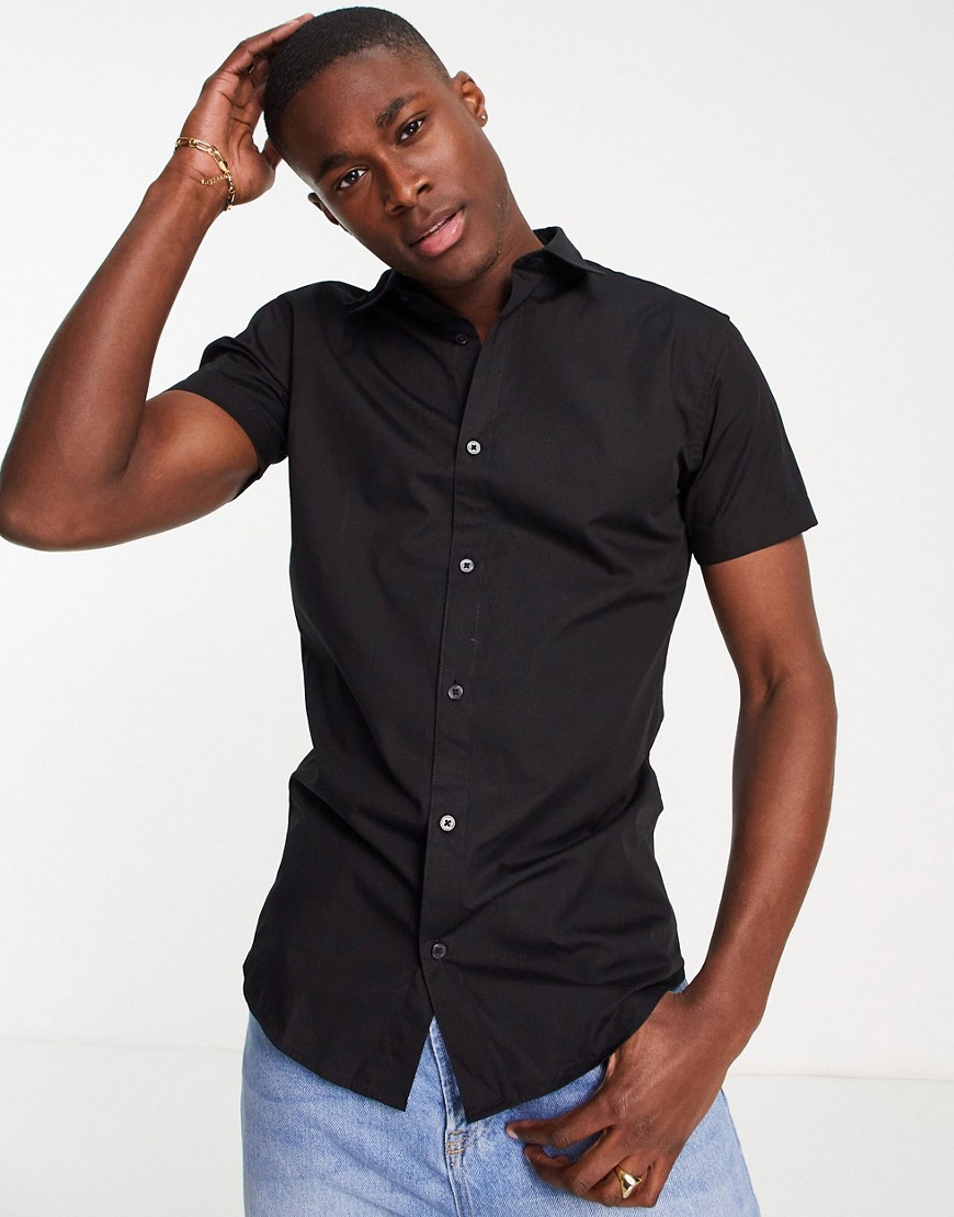 Jack & Jones Originals short sleeve stretch cotton shirt in navy-Black