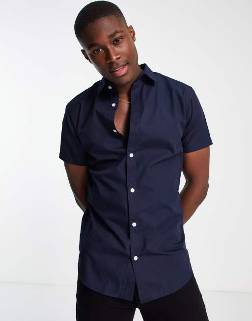 Jack & Jones Originals short sleeve stretch cotton shirt in navy