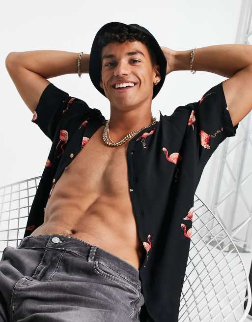 Jack & Jones Originals - Skjorte i sort med flamingoprint og reverskrave