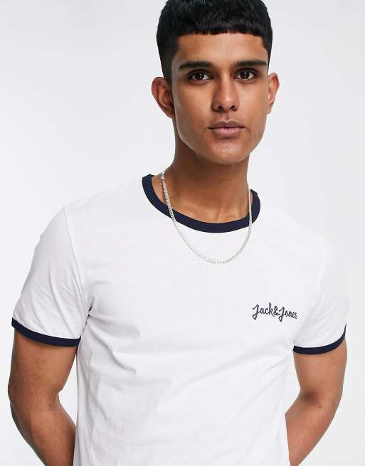 Jack & Jones Originals ringer t-shirt with small chest logo in white