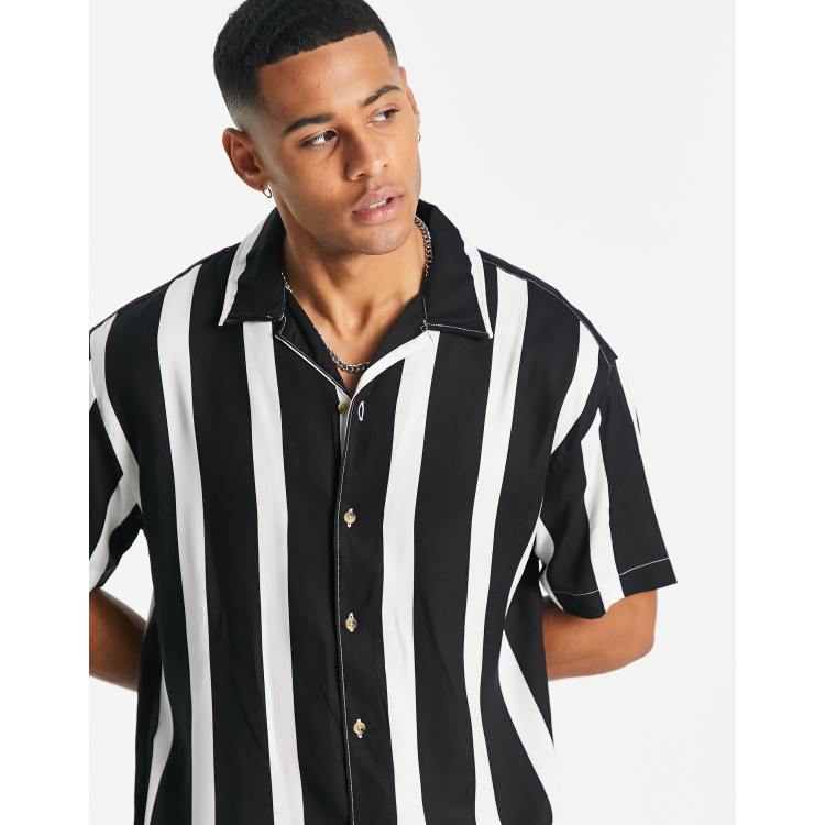 Jack & Jones Originals stripe revere collar shirt in black | ASOS