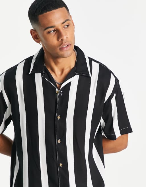 Jack & Jones Originals stripe revere collar shirt in black | ASOS