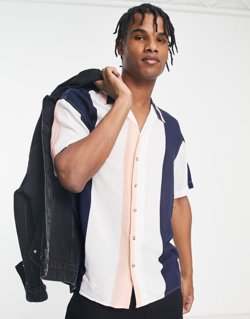 Jack & Jones Originals stripe revere collar short sleeve shirt in pink