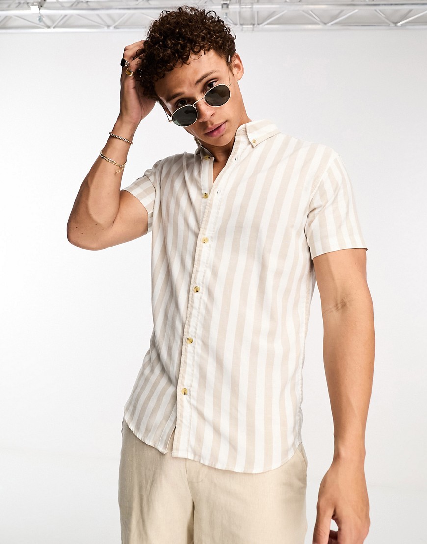 Jack & Jones Originals striped short sleeve oxford shirt in beige-Neutral