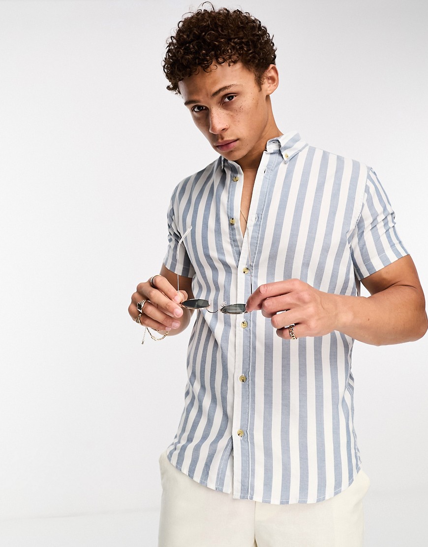 Jack & Jones Originals striped short sleeve oxford shirt in blue