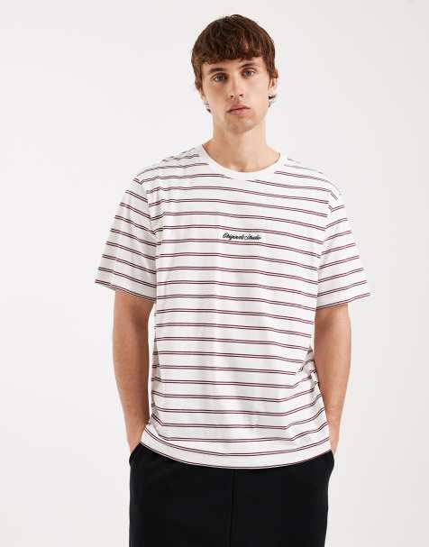Jack & Jones originals striped t-shirt in cream and burgundy - view 1