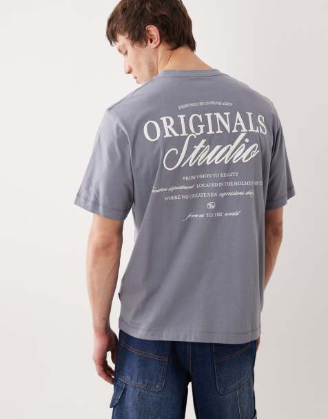 Jack & Jones - Originals Studio - Forvasket grå T-shirt med rygprint - view 1