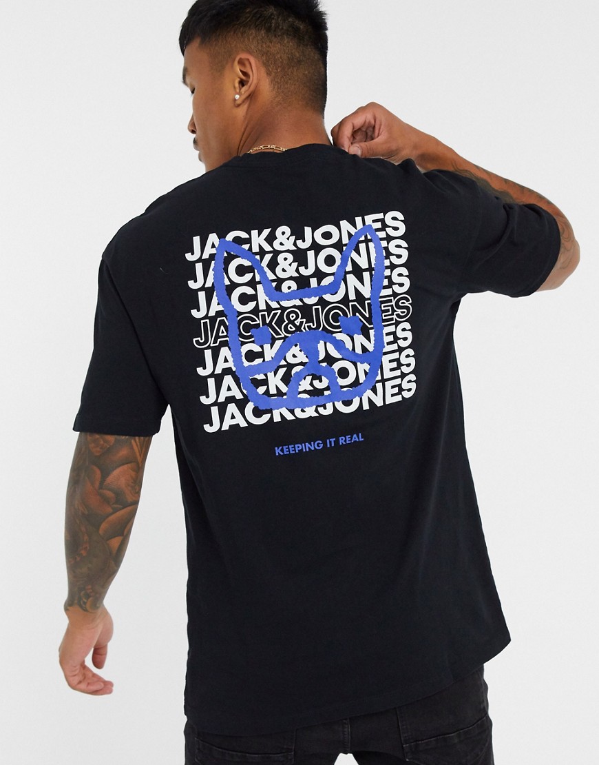 Jack & Jones - Originals - Svart t-shirt med boxig passform och tryckt hundmotiv