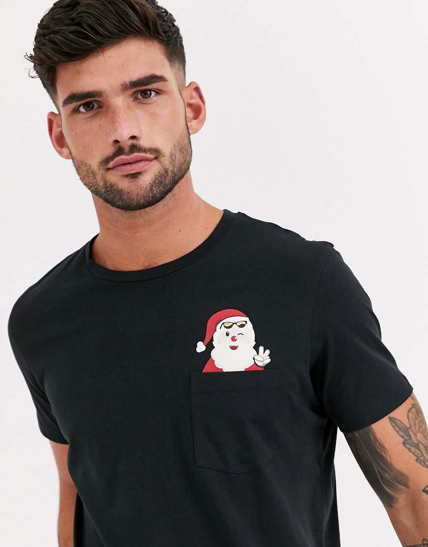 Jack & Jones – Originals – Svart t-shirt med jultomte vid fickan