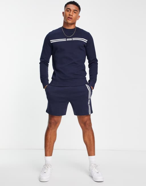 Jack & Jones Originals sweat and shorts set with logo stripe in navy