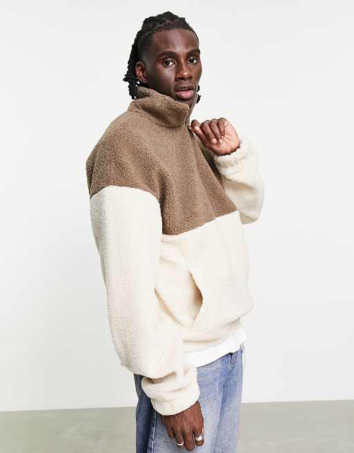Jack & Jones Originals - Sweat oversize color block à fermeture éclair 1/4 imitation peau de mouton - Beige